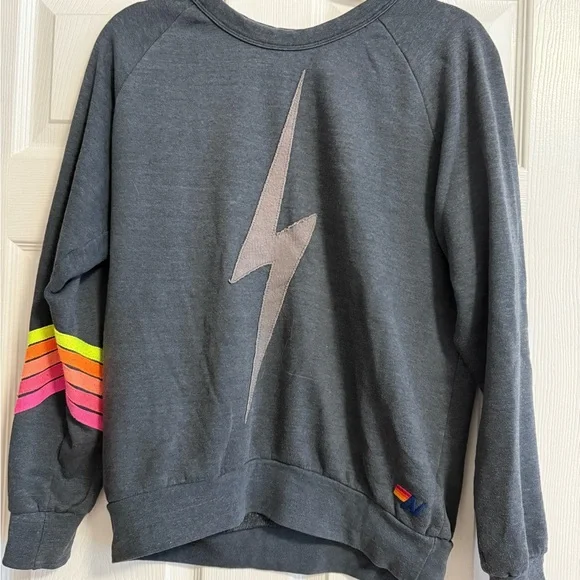 Aviator Nation Bolt Stitch Neon Chevron 5 Stripes Crewneck in Charcoal Size Sm - Picture 4 of 5